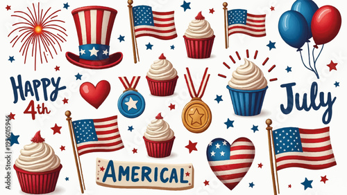 Set of 20 4th of July patriotic icons vector