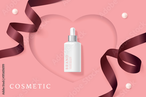 Cosmetic product ads template on pink background with heart shape and ribbon.