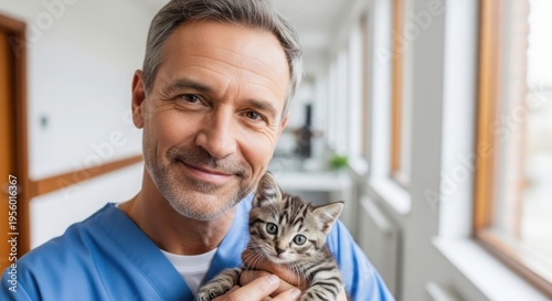 Smiling veterinarian holding a cute tabby kitten in his arms indoors