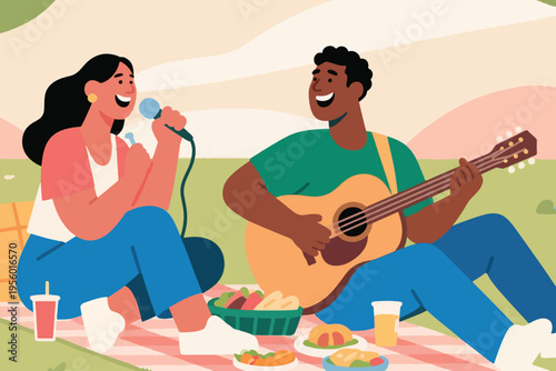 Illustration Of A Couple Sitting In The Park Singing And Playing The Guitar Vector Design Template