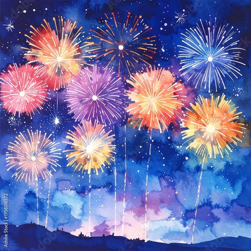花火 水彩画 夜空 夏祭り イラスト 日本風景
