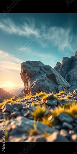Grasping boulder against mine backdrop, sky streaks with trading data growth,  insight,  progress