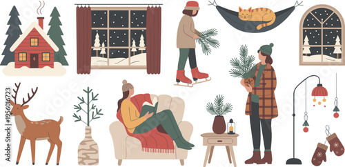 Cozy winter hygge lifestyle illustration, festive home interior snowy windows relaxing people seasonal decorations warm holiday comfort