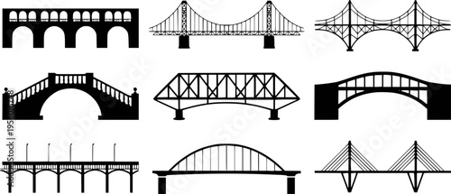 Collection of black silhouette bridge a white background architecture structure