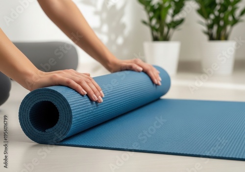 Woman rolling out a blue yoga mat on the floor at home with plants