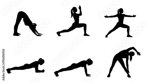 Set of female yoga and fitness silhouettes performing various workout poses for health and wellness graphic design