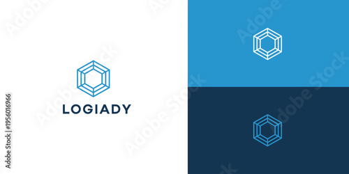 A with a symmetrical hexagon and the word Logiady in blue and white geometric