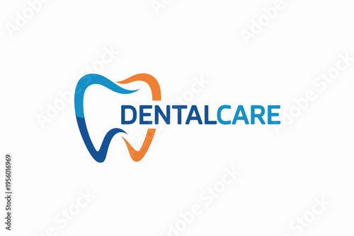 A with a stylized tooth and the word dentalcare in blue and orange