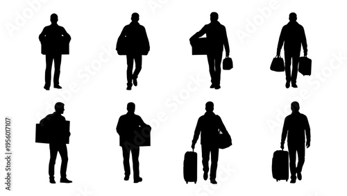 Set of male silhouettes carrying luggage and cardboard boxes for travel relocation and logistics concept
