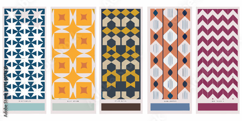 A collection of five vertically oriented patterned rectangles