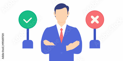 Man standing between a green checkmark and a red x symbol