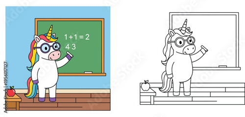 Cute Unicorn Teacher in Classroom with Chalkboard and Math Lesson Coloring Page for Kids, Outline and Colored Version for School Educational Activity Book Vector Illustration