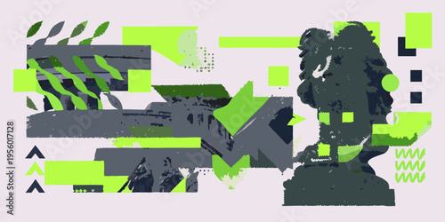 Abstract geometric composition with vibrant green and grayscale elements