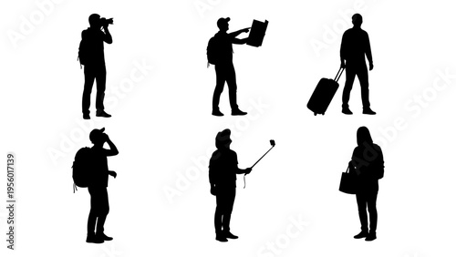 Silhouette set of diverse travelers and tourists with backpacks luggage and cameras for travel and tourism concept