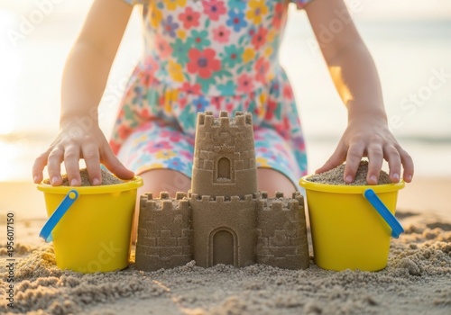Little girl building sandcastle on beach with buckets and shovel