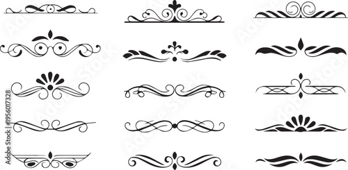 Ornate dividers, black floral borders, swirl vector set, decorative elements