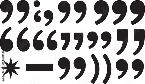 Quotation mark icons, punctuation symbols, typography elements, black vector graphics