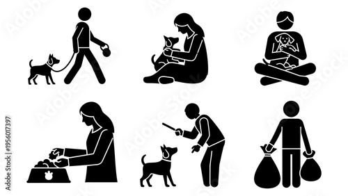 Pet care icon set featuring people walking feeding training and hugging dogs for responsible ownership and animal welfare concept