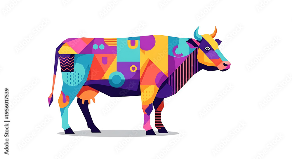 Obraz premium Modern artistic cow illustration showcasing a vibrant geometric pattern and abstract design style