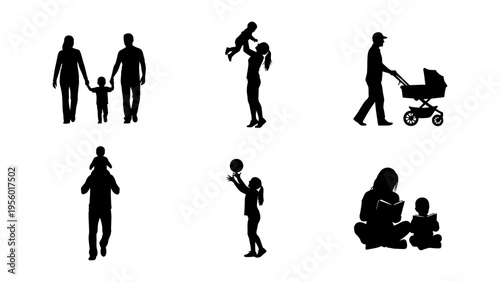 Family silhouettes set with parents and children in various activities like walking, playing, and reading for childcare