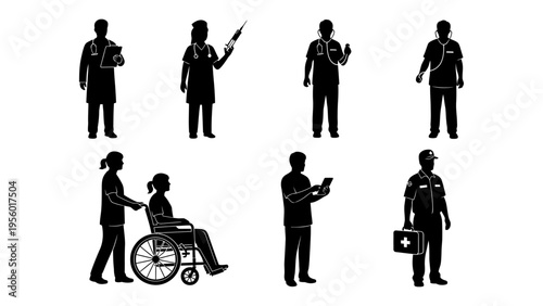 Medical professional silhouettes set with doctors and nurses assisting patient in wheelchair for healthcare infographic design
