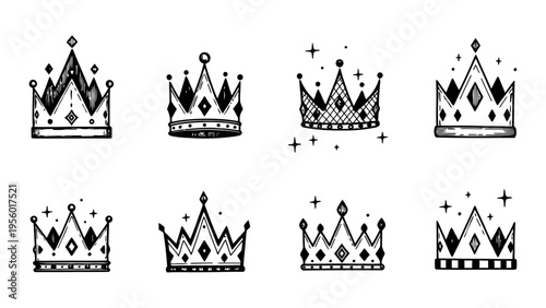 Collection of hand drawn crown vector illustrations for royal branding luxury logo design and decorative graphic elements