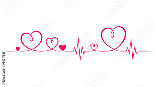 Pink continuous line heartbeat with hearts vector illustration for medical health and romance concept