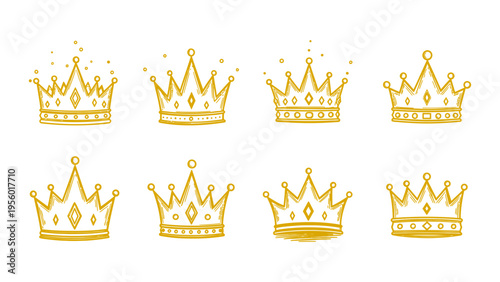 Set of gold crown vector illustrations in hand-drawn sketch style for royalty and premium branding concepts