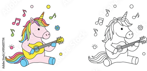 Cute Unicorn Playing Guitar with Musical Notes Coloring Page for Kids, Outline and Colored Version for Children's Activity Book and Creative Play Vector Illustration