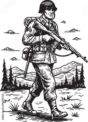 WWII soldier, hand drawn simple sketch vector illustration
