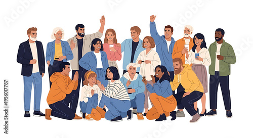 A diverse group of smiling people of all ages and ethnicities gathered together happily