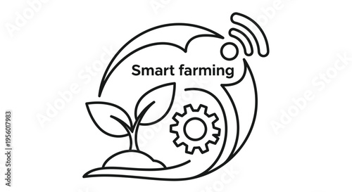 Line art illustration depicting smart farming concepts with plant gear and wireless signals