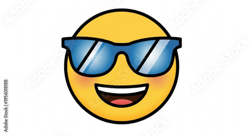 Smiling Yellow Emoji Wearing Reflective Sunglasses, Cheerful Expression with Blush Cheeks and Open Mouth Laugh — Vector Illustration for Social Media, Messaging, and Fun Graphic Projects