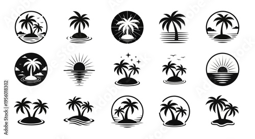 Iconic Tropical Palm Tree Islands Silhouette Collection for Summer Vibes and Vacation Designs