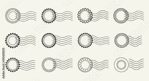 Set of circular postage stamps with wave lines, representing mail and postal services