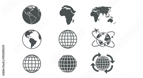 A comprehensive vector icon set illustrating global themes, world travel, digital connectivity, and geographical maps for international concepts
