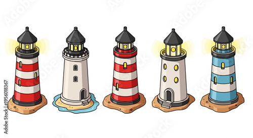 Set of five colorful cartoon lighthouses with glowing lights, perfect for nautical and coastal themes
