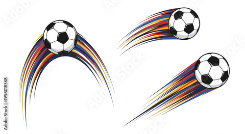 Dynamic illustrations of soccer balls in motion with colorful motion trails, representing speed and athleticism in sports
