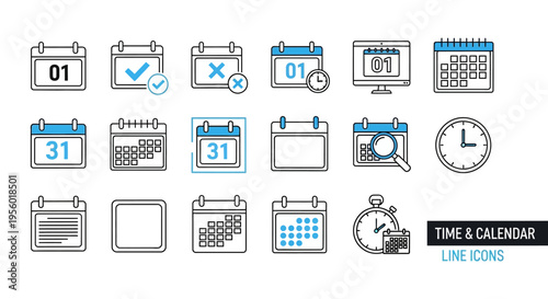 Vector set of outline icons representing calendar, date, time, deadline, schedule, appointment, event, and planning on a white background for graphic design