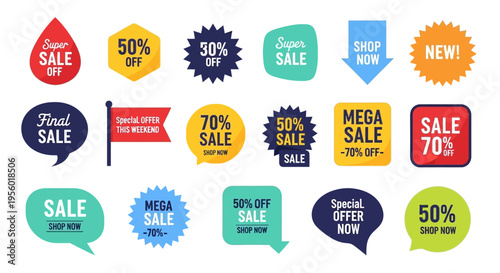 Collection of vibrant promotional sale discount tags and special offer graphic concepts for online shopping marketing campaigns