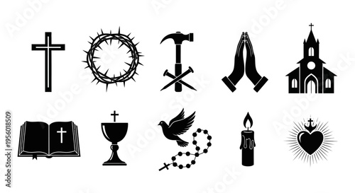 Set of traditional Christian religious symbols and sacred icons, perfect for conveying themes of faith, spirituality, and devotion in various design projects