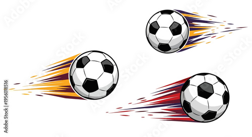 Concept illustration of soccer balls in dynamic motion with colorful speed streaks, capturing the energy and excitement of professional sports