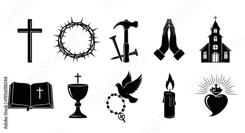 Collection of Religious Symbols Including Cross, Crown of Thorns, Nails, Praying Hands, Church, Bible, Chalice, Dove, Candle, and Sacred Heart