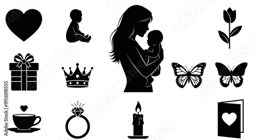 Mother and Baby Silhouette Icon Set Celebrating Family, Love, and Milestones