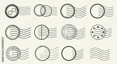 Vintage Postage Stamp Cancellation Marks Vector Set - Classic Mail Postmark Collection with Waving Lines and Geometric Shapes