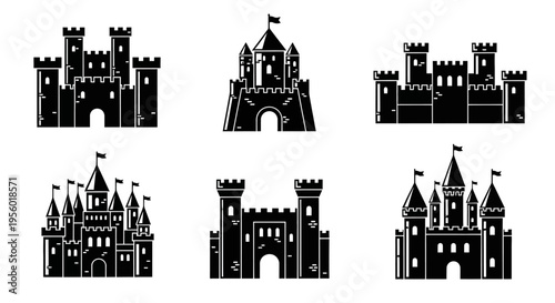 Collection of diverse ancient fortress icons illustrating historical medieval castle architecture and fairytale strongholds for various design applications