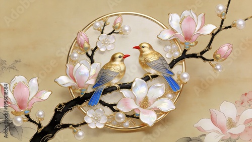 Decorative birds on floral branch