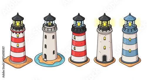 Collection of five distinct lighthouses with illuminated tops, rendered in a charming cartoon illustration style