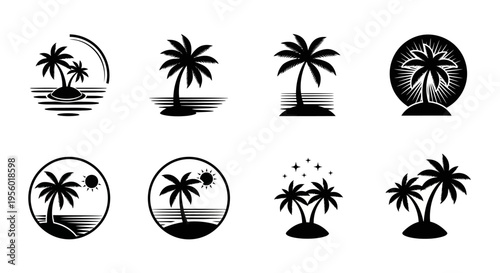 Tropical island palm tree icons featuring diverse silhouettes on white background, representing vacation and relaxation
