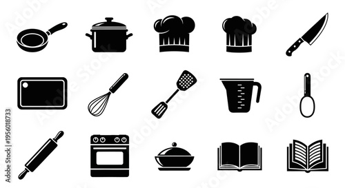 Diverse collection of monochrome kitchen tool icons, showcasing essential cookware, baking utensils, and culinary equipment for various food preparation